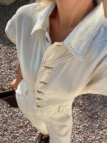 Livesso Women's Long Denim Overalls And Jumpsuit With Collar And Cinched Waist - White - View 9