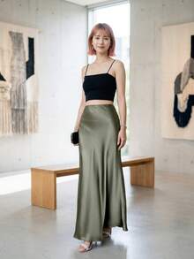 SHEIN PETITE PETITE 女款優雅緞面裙，百搭魚尾裙襬，日常穿著，豆綠色 - 綠色 - 查看 8