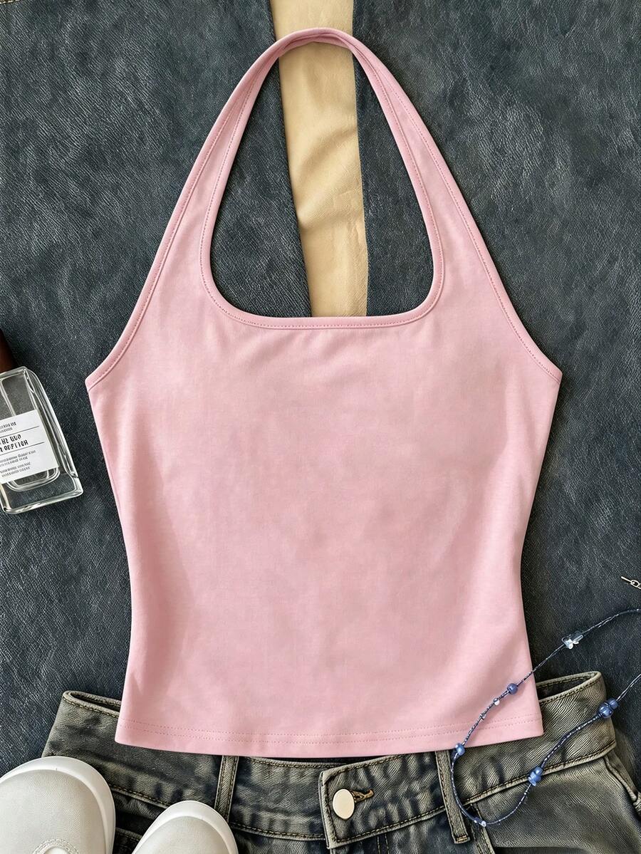 Casual Halter Neck Tank Top, Suitable For Summer Mothers Day Outfit Graduation Summer Tops - White - View 1