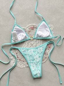 Swim Basics Conjunto de bikini con sujetador halter triangular de encaje floral y braga de lazo lateral para el verano - Azul menta - Ver 2