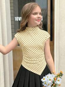 SHEIN Tween女孩 T恤上衣 校園風 白色與黑色波點 可愛款 - 黃色 - 查看 2