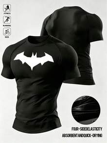 BATMAN X SHEIN Men's Bat Print Raglan Short Sleeve Sports T-Shirt, Gym - Black - View 1