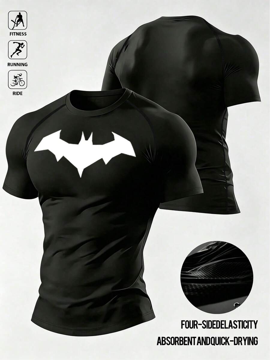 BATMAN X SHEIN Men's Bat Print Raglan Short Sleeve Sports T-Shirt, Gym - Black - View 1