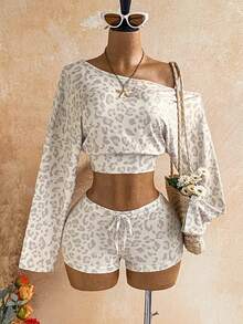 Soleia Women's Leopard Print Asymmetrical Shoulder Long Sleeve Top And Shorts Casual Daily 2-Piece Set - Multicolor - View 1