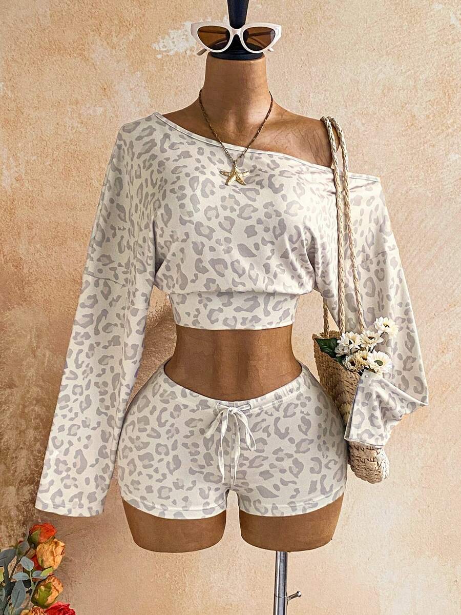 Soleia Women's Leopard Print Asymmetrical Shoulder Long Sleeve Top And Shorts Casual Daily 2-Piece Set - Multicolor - View 1