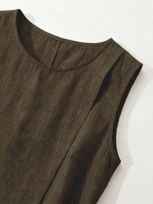 SHEIN LUNE CURVE 大尺碼女款不對稱無袖上衣＋百褶鈕扣寬腿褲兩件套 休閒優雅 春夏通勤度假 橄欖綠 - 棕色 - 查看 3