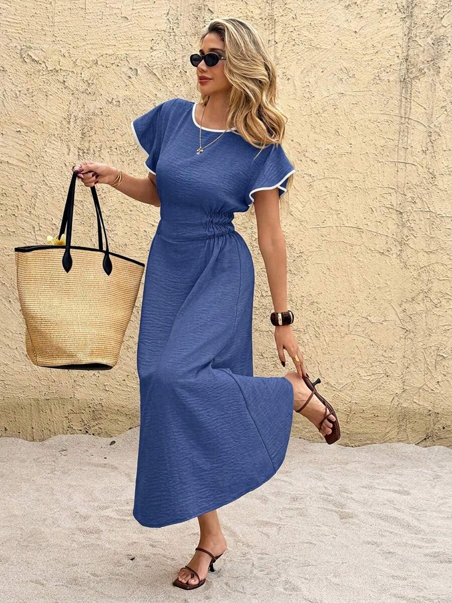 SHEIN Frenchy Women's Piped Round Neck Ruffle Short Sleeve Elegant Mid-Length Dress - Blue - View 1