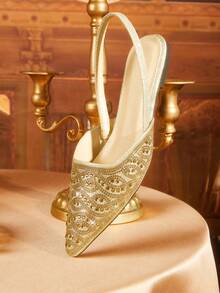 CUCCOO TILAWA Women Rhinestone Decor Pointed Toe Slingback Flat Sandals, Elegant Golden Glitter Back Strap Mule Pumps, Wedding Party Dress Slip On Shoes - Gold - View 7