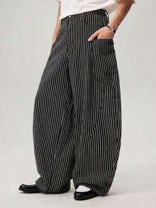 Men's Woven Casual Loose Straight Leg Solid Color Pants - Black - View 8
