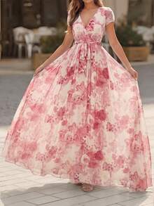 SHEIN LUNE Blue Floral Print High Waist Romantic Elegant A-Line Short Sleeve Midi Dress For Women - Multicolor - View 5
