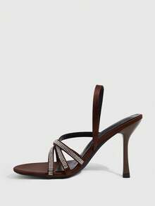 CUCCOO SZL Dark Brown Satin Cross Rhinestone Thin Strap High-Heeled Sandals, Women's Light Luxury Rear Strap Open-Toed High Heels - Brown - View 4