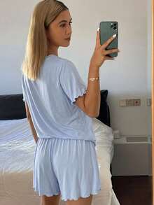 Livesso 夏季舒適純色極簡針織波浪下擺女款居家服睡衣套裝 - 藍色 - 查看 2