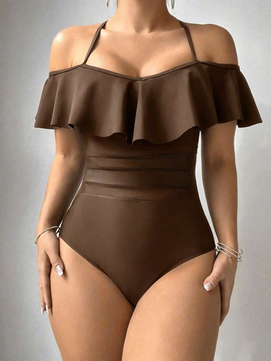 SHEIN Swim 女款純色荷葉邊露肩掛脖式連身泳衣,度假適用 - 咖啡棕 - 查看 1