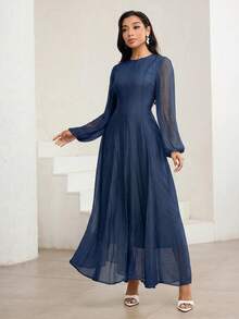 Veilorie 3/4 Sleeve High Neck Ruched Waist Elegant Versatile Dress - Navy Blue - View 7