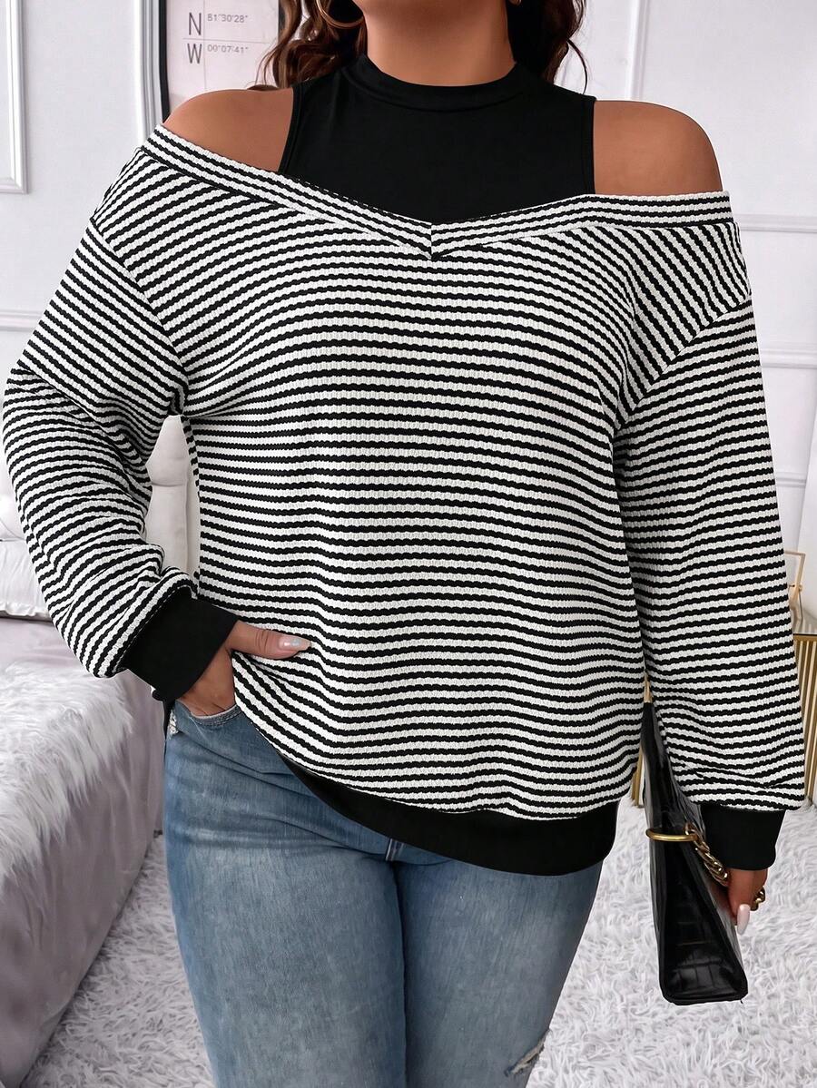 Vionelle Plus Size Women's French Casual Elegant Off-Shoulder Long Sleeve Crew Neck Sweatshirt - Black - View 1