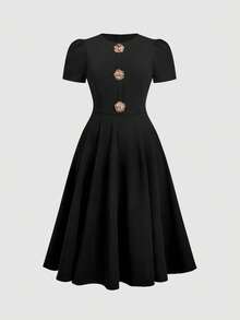 SHEIN MOD Große Größen Schwarzes Metall Blumen Dekor Regenschirm Rock Klassisches mittellanges Kleid, Alltagskleidung, Party, Bankett, Urlaub, Frühherbst, Ganzjährig, Geburtstagsparty, Hochzeit - Schwarz - Übersicht 6