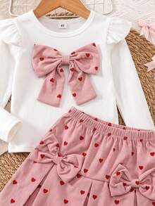 SHEIN Elladie kids 返校季女童幼童甜美兩件套：荷葉邊長袖上衣配大蝴蝶結細節，全幅愛心印花燈芯絨百褶裙配側邊雙蝴蝶結，可愛公主風 4-7 歲女童春夏秋冬日常上學套裝 - 粉色 - 查看 6