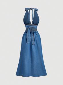 SHEIN MOD Plus Size Women's Ruched Halter Neck Denim Dress With Slit Hem - Blue - View 3