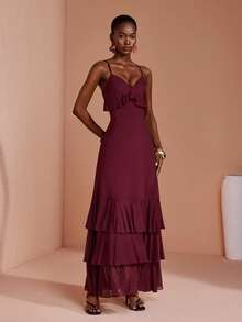 JIAN LASALA Red Mesh Adjustable Strap Sleeveless Ruffle Double Layers Long Dress Vacation Party Elegant - Burgundy - View 3