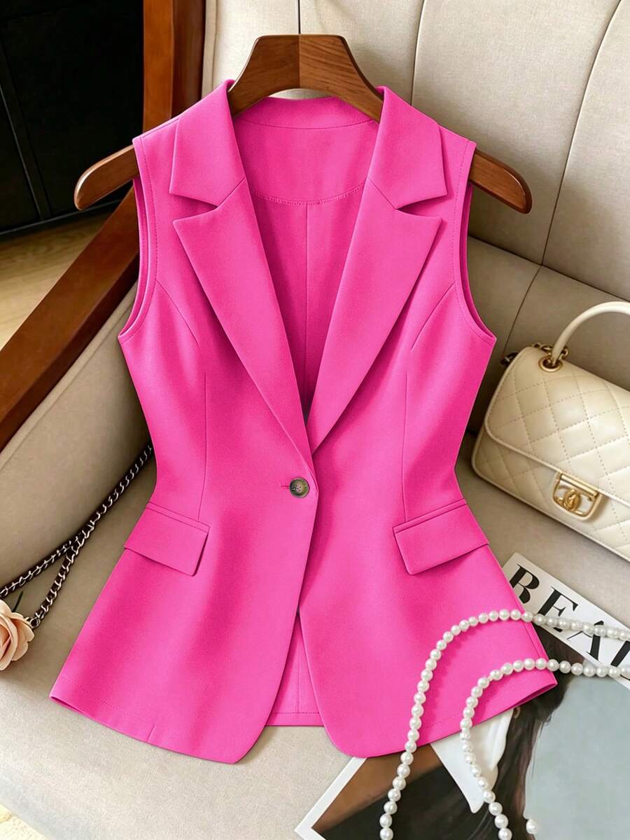 Elenzga Plus Size Women's Thin Casual Minimalist Sleeveless Blazer - Hot Pink - View 1