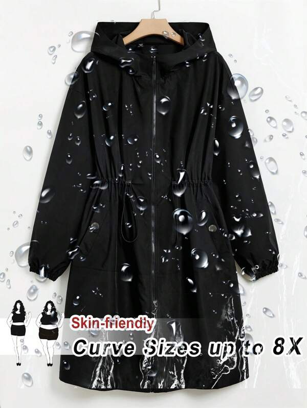 SHEIN CURVE+ Große Größen Kapuzenjacke mit Kordelzug-Bund und Drop-Shoulder für Winter und Herbst