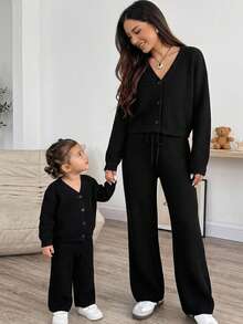 SHEIN Baby Girl Solid Color V-Neck Long Sleeve Top And Pants Casual Daily Knit Set - Black - View 7