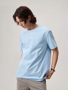 Round Neck Solid Color Summer Knit Printed Short Sleeve Tee, Streetwear Inspired, Couple Things - Blue - View 5