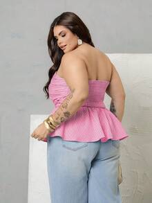 Bibi Tomais Plus Size Women Striped Bandeau Tight Fitted Cropped Top Summer - Hot Pink - View 5