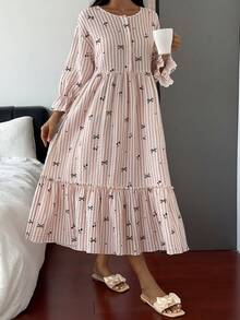 Livesso 女款蝴蝶結條紋印花鈕扣半開襟睡裙 - 白色 - 查看 7