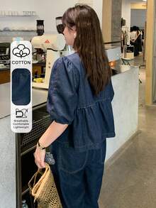 Dazy Plus Dark Washed Blue Puff Sleeve Loose Top & Casual Long Denim Pants Plus Size Women's Vacation Style Denim Set, Spring/Summer - Dark Wash - View 1