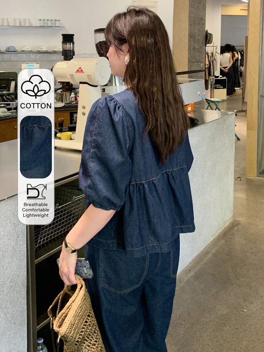 Dazy Plus Dark Washed Blue Puff Sleeve Loose Top & Casual Long Denim Pants Plus Size Women's Vacation Style Denim Set, Spring/Summer - Dark Wash - View 1
