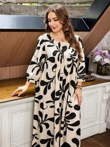 Lacomfia Casual All-Over Print Round Neck 3/4 Sleeve Loose Regular Fit Plus Size Dress For Spring And Summer - 彩色 - 查看 3