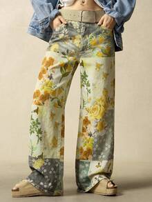 Bohemela 波西米亞鄉村度假風花卉拼接休閒梭織印花寬鬆寬腿女款長褲 - 軍綠色 - 查看 3