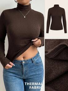 SHEIN PETITE CURVE Plus Size Autumn/Winter Casual Solid Color Turtleneck Warm T-Shirt Fall - Coffee Brown - View 6