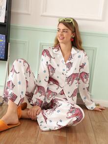 Chillnights Set Piyama Wanita Kasual Muda Motif Macan dengan Kerah Satin dan Bukaan Depan - MultiWarna - View 5