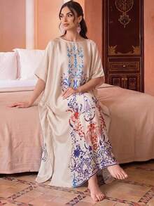 Jahmira Elegant Printed Faux Silk Oversized Women's Nightgown - Apricot - View 5