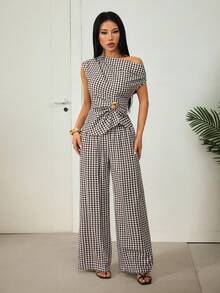 SHEIN PETITE 女款棕色格紋露肩兩件式套裝，附金屬裝飾，適合辦公穿著 - 棕色 - 查看 10