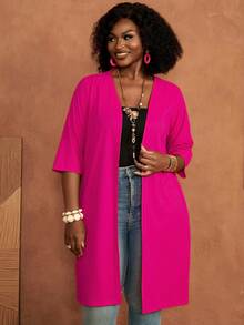 BrightlyHer Plus size enfärgad rosa lång cardigan med öppen front, 3/4-ärm, lätt, höst/vinter 2026 - Skrikrosa - Visa 5
