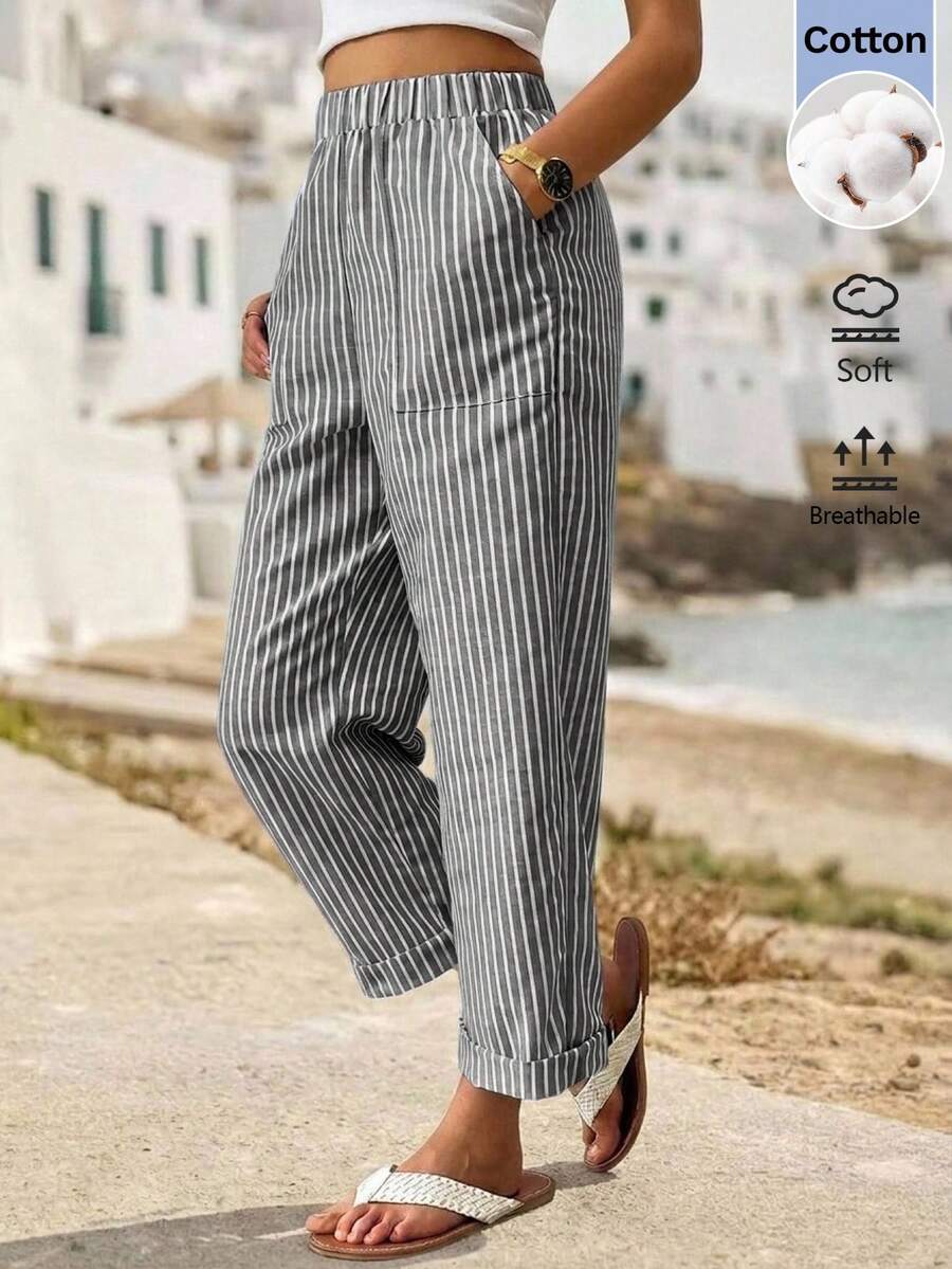 Faunlyn 休閒長褲,彈性腰帶與條紋設計 - 黑色 - 查看 1