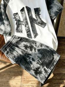 男童大童夏季紮染風刺繡短袖T恤與短褲兩件套，獨特設計拼色插肩袖休閒運動百搭童裝套裝 - 彩色 - 查看 6