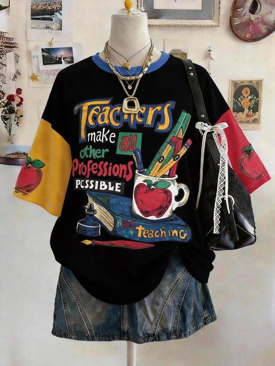 Lalippa 教師節數位印花時尚極簡寬鬆中長版圓領落肩女款T恤,送給朋友的禮物 - 彩色 - 查看 1