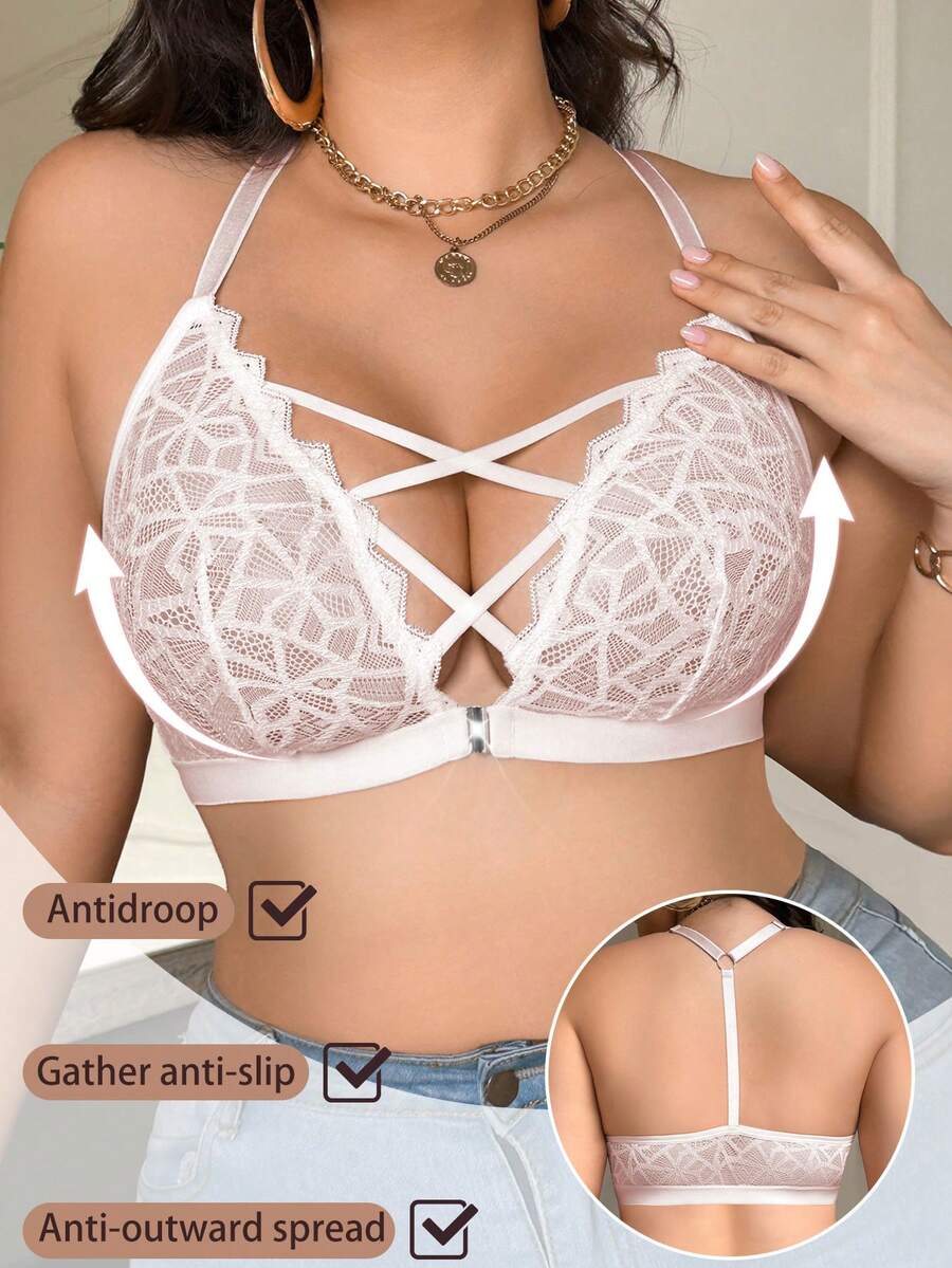 SHEIN Front Closure Lace Plus Size Wireless Bra Single Piece - Pink - View 1