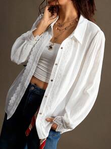 Nubod Plus Size Women's French Elegant Lace Patchwork Single-Breasted Blouse Fall - White - View 1