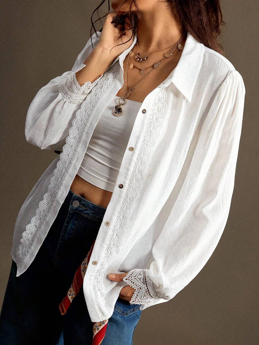 Nubod Plus Size Women's French Elegant Lace Patchwork Single-Breasted Blouse Fall - White - View 1