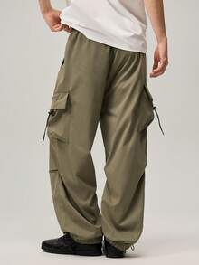 Vaulklash Men Flap Pocket Side Drawstring Waist Oversize Cargo Pants, For Fall - Army Green - View 3