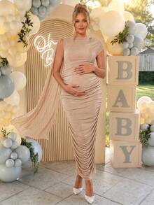 Loomaby Elegant Ruched Fitted Party Dress For Pregnant Women Dress Gender Reveal Dress Maternity Dress Baby Shower Dress - Apricot - View 2