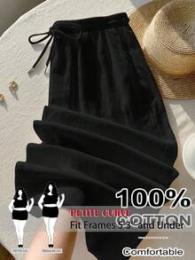 SHEIN PETITE CURVE 大尺碼女款純色極簡抽繩腰鬆身長褲，適合日常穿著 - 黑色 - 查看 3