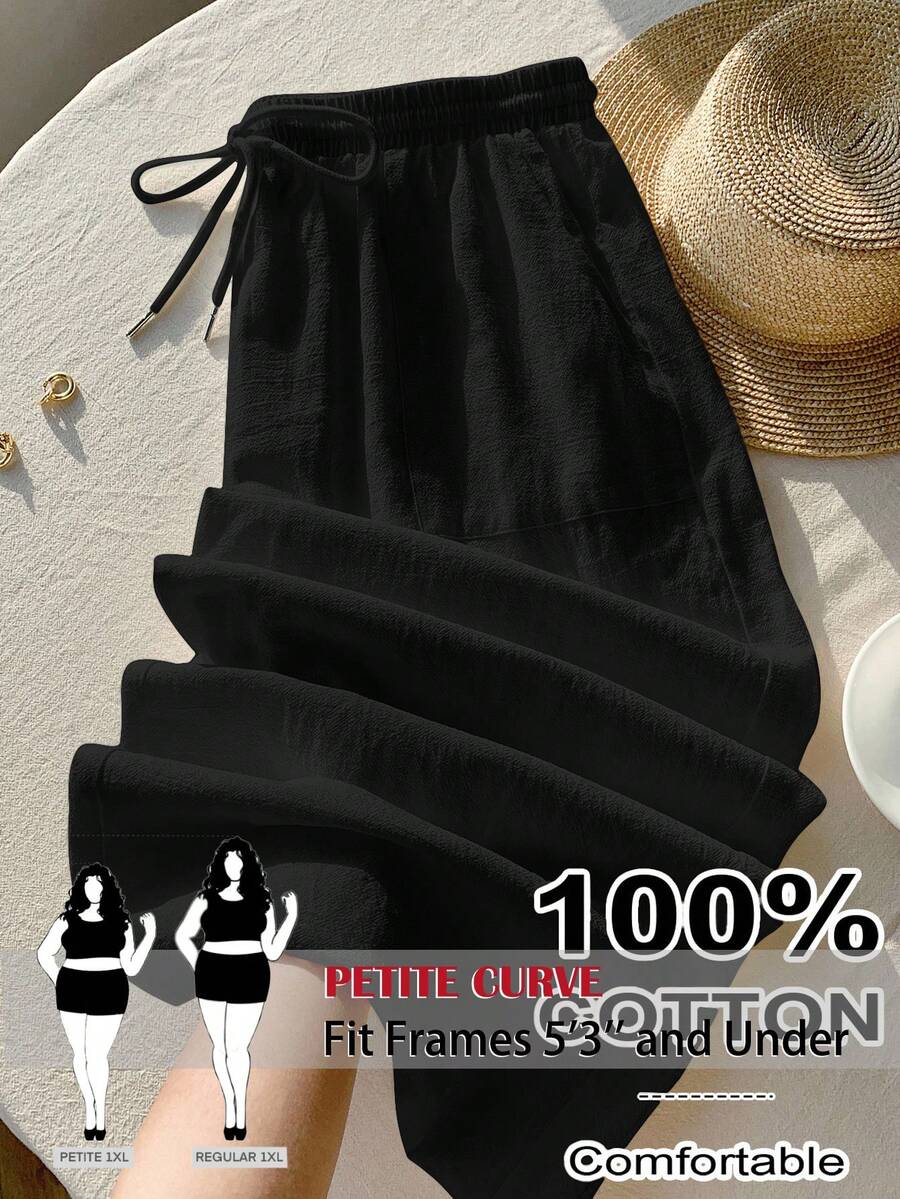 SHEIN PETITE CURVE Plus Size Women's Solid Color Minimalist Drawstring Waist Loose Fit Long Pants For Daily Wear - Black - View 1