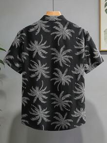 Genlund 男士時尚休閒度假風短袖襯衫，附仿刺繡設計 - 黑色 - 查看 2
