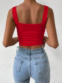 Allurite Top corto fruncido con tirantes anchos de unicolor para el verano - Rojo - Ver 2
